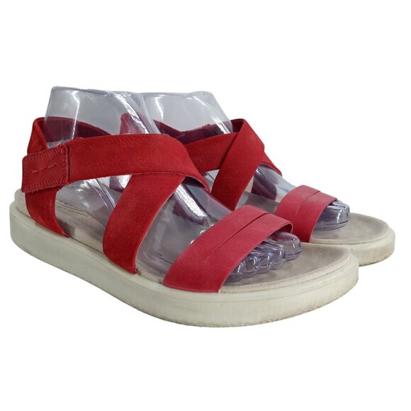 Ecco Flowt Red Leather Cross Strap Comfort Sandals Size 39 US 8 Hook & Loop - Picture 1 of 12